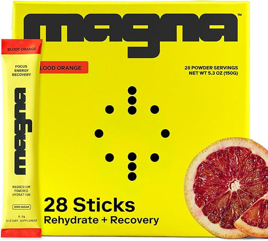 MAGNA Electrolyte Powder Drink Mix for Hydration, Energy & Focus Support with Magnesium L Threonate, Sodium, Potassium, Vitamin D, B6 & B12, Sugar Free, Blood Orange Flavor, 28 Servings