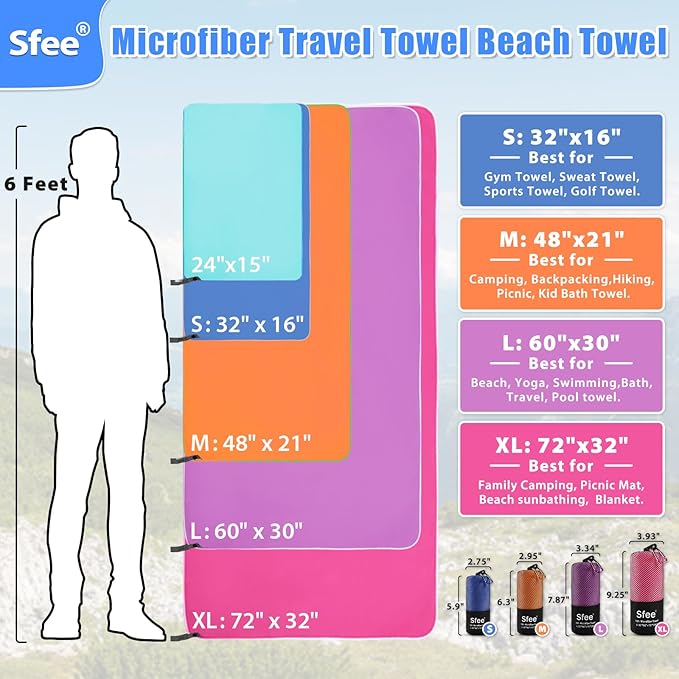 Sfee 2 Pack Microfiber Travel Towel, Quick Dry Camping Towel Large Beach Towel Super Absorbent Compact Lightweight Sports Gym Towels for Beach, Gym, Hiking, Pool, Backpacking, Bath, Yoga