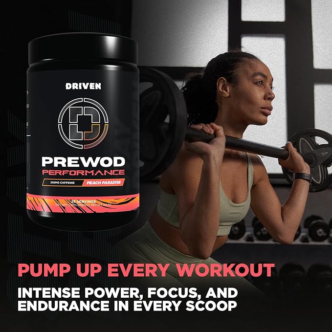 Driven PREWOD Energy Drink Powder, 25 Servings - Pre-Workout Supplement wit- Boosts Energy, Focus, Strength, & Endurance for High-Intensity Training (Performace, Peach Paradise)