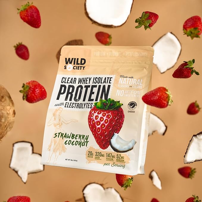 WILD SOCIETY - Clear Whey Protein + Electrolytes - Refreshing Whey Protein Isolate Powder - 20g Protein, 0 Added Sugar, GMO-Free, Natural Flavors & Colors - Strawberry Coconut, 16 oz