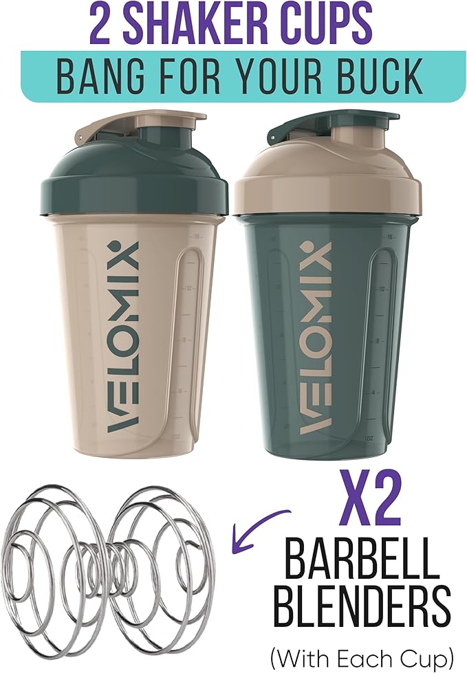 VELOMIX -2 Pack- 20 oz Protein Shaker Bottles for Protein Mixes - 2x Wire Whisk | Leak Proof Shaker Cups for Protein Shakes and Pre Workout | Protein Shaker Bottle Pack (L) Blue&Beige
