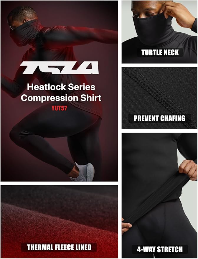 TSLA Men's Thermal Long Sleeve Compression Shirts, Mock/Turtleneck Winter Sports Running Base Layer Top