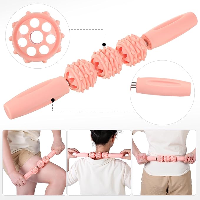 6 Pcs Pink Foam Roller Set Includes Peanut Massage Ball, Back Roller, Massage Roller Stick, 2 Foot Stretching Strap, and Fasciitis Ball for Christmas Gift Exercise Physical Body Therapy Yoga Massager