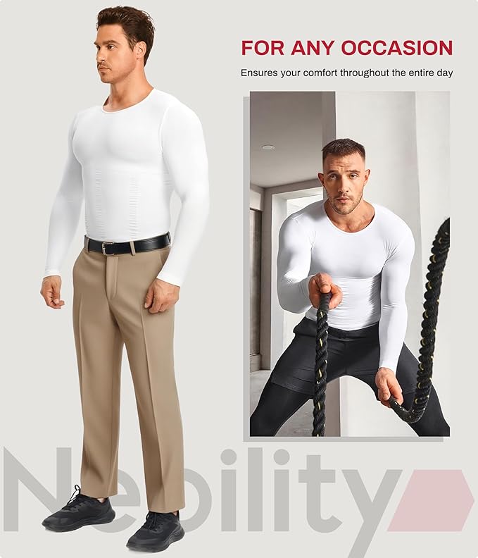 Nebility Shapewear Men Long Sleeve Compression Shirt - Slimming Body Shaper Tummy Control Workout Tank Top Undershirt