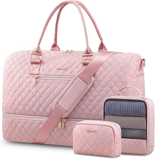 LOVEVOOK Travel Duffle Bag for Women, Weekender Overnight Bag with Shoe Compartment, Carry on Bag with Toiletry Bag, Gym Duffel Bag with Wet Pocket, Hospital Bags for Labor and Delivery 3 Pcs Set