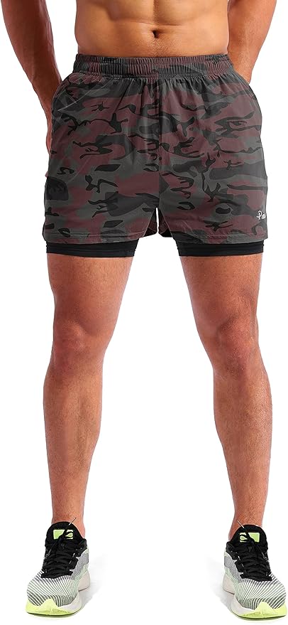 Pudolla Men’s 2 in 1 Running Shorts 5" Quick Dry Gym Athletic Workout Shorts for Men with Phone Pockets