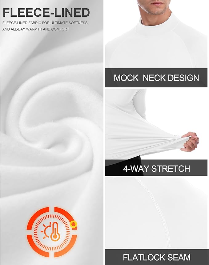 Men's Thermal Compression Shirts, Long Sleeve Fleece Lined Turtleneck Undershirt, Cold Weather Ski Base Layer Tops