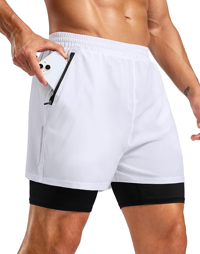 Pudolla Men's 7" Running Shorts with Zipper Pockets Quick Dry 2 in 1 Workout Gym Shorts with Liner for Tennis Yoga Training