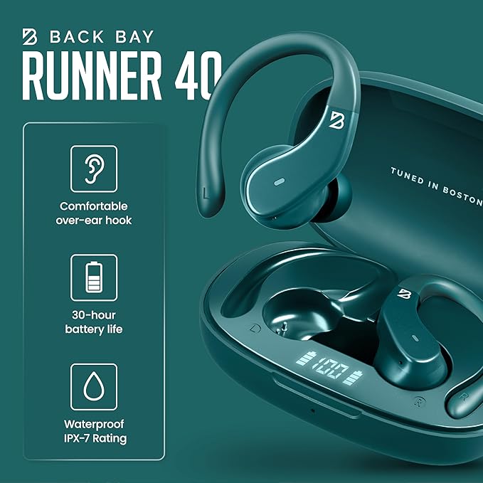 Back Bay Audio - Runner's Wireless Earbuds Bluetooth Headphones for Sports, Hook Over The Ear Buds, Deep Bass, Wrap Around Earphones with Earhooks for Running, Workout Wireless Headphones for The Gym