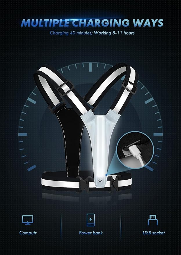 LED Reflective Running Vest Gear,Light Up Vest Runners Night Walking USB Rechargeable,Up to 11hrs Light with Adjustable Waist/Shoulder for Women Men Kids