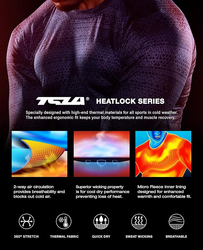 TSLA Men's Thermal Long Sleeve Compression Shirts, Athletic Base Layer Top, Winter Gear Running T-Shirt