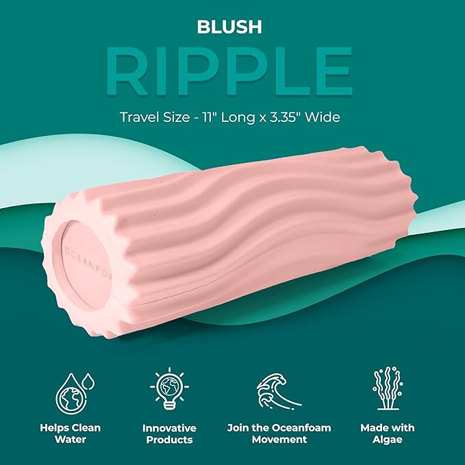 Oceanfoam Ripple Travel Foam Roller (11" x 3.35") Firm Mini Foam Roller for Physical Therapy, Deep Tissue Massage, Back Pain - High Density, Ergonomic Wave Textured - Yoga, Pilates, Exercise (Blush)