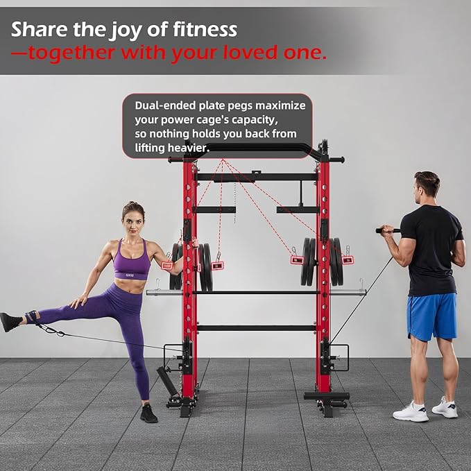 Power Squat Rack Cage Home Gym, 2000lbs All in One Dual Cable Crossover Machine with LAT Pulldown Strength Training Power Cages with Pulley Workout System, Garage Bench Press