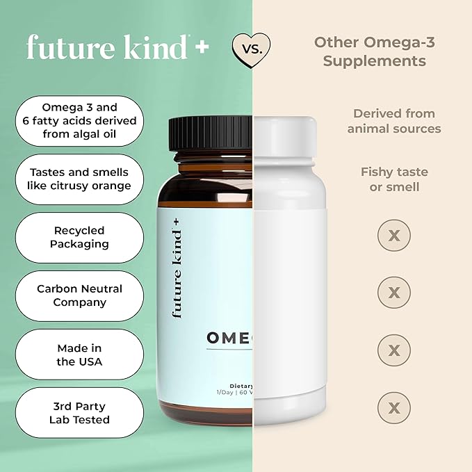 Future Kind Vegan Omega 3 Supplement - Glass Bottle, Carrageenan-Free Algae, DHA & EPA for Joint & Mood Support - 2 Month Supply for Kids & Adults