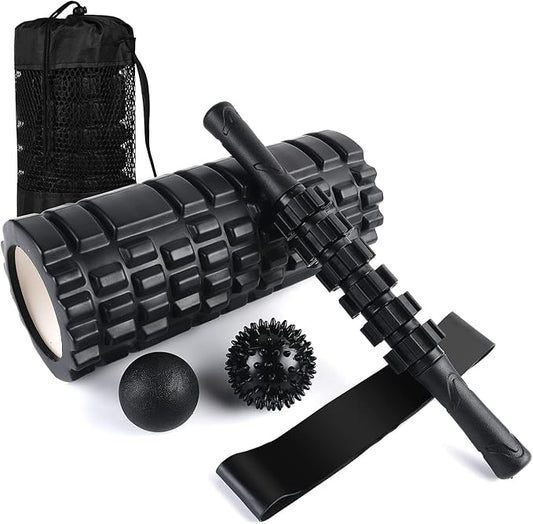 6 in 1 Foam Roller Set Includes Hollow Core Massage Roller, Yoga Stick, Massage Ball, Fitness Stretching Strap, Carrying Bag, Towel, Massage Roller (Black)