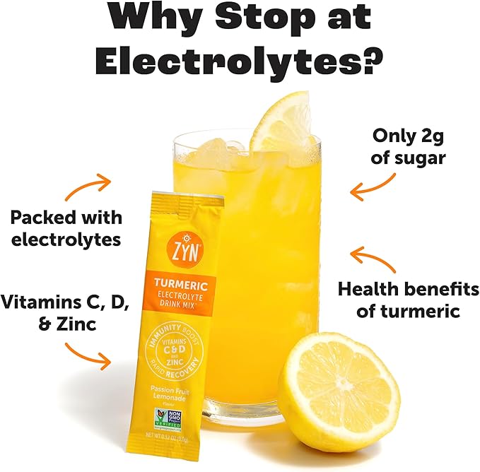 ZYN Electrolytes Powder Hydration Packets with Vitamins, Zinc & Turmeric Curcumin for Gut Health, Immune Support, Low Sugar Electrolyte Drink Mix Packets with Piperine, Passion Fruit Lemonade, 16 Pack