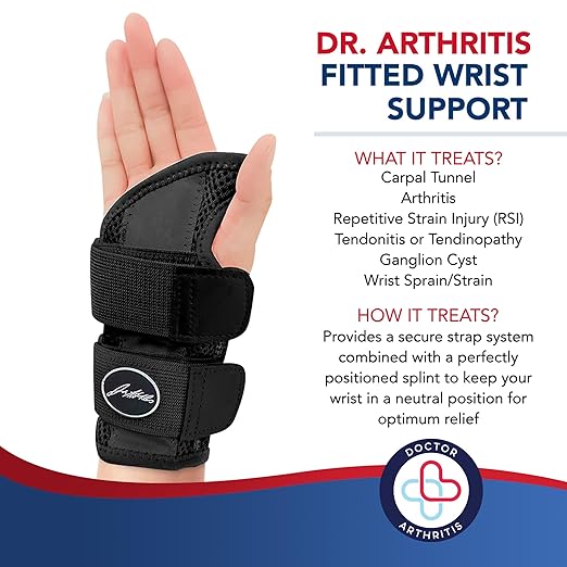 Dr. Arthritis Doctor Developed Fitted Wrist Brace for Carpal Tunnel Syndrome, Tendonitis, Splint Support for Men and Women Single (Black, Right Hand)