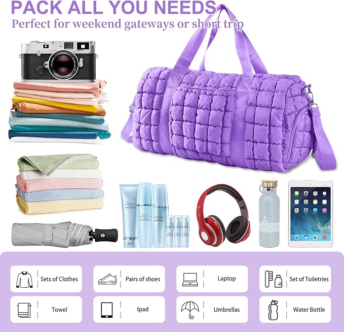 Quilted Travel Duffle Bag Gym Bag for Women,Large Puffer Duffle Weekender Bag with Compartment,Workout Overnight Carry on Organizer Bag Duffle Bag for Airplane Travel(Purple)