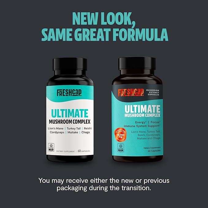 FreshCap Mushrooms Ultimate Mushroom Supplement 12,000mg - Nootropic Mushroom Complex Capsules, Organic Mushrooms Supplement, Nootropic Brain Supplements for Memory and Focus Ayurveda (60 Capsules)