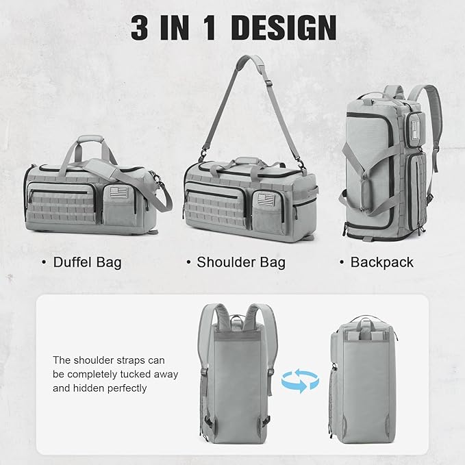 G4Free 3-in-1 Travel Duffle Bag for Men and Women, 50L Large Gym Sports Bags Tactical Military Duffle Backpack with Shoes Compartment and Wet Pocket (Grey)