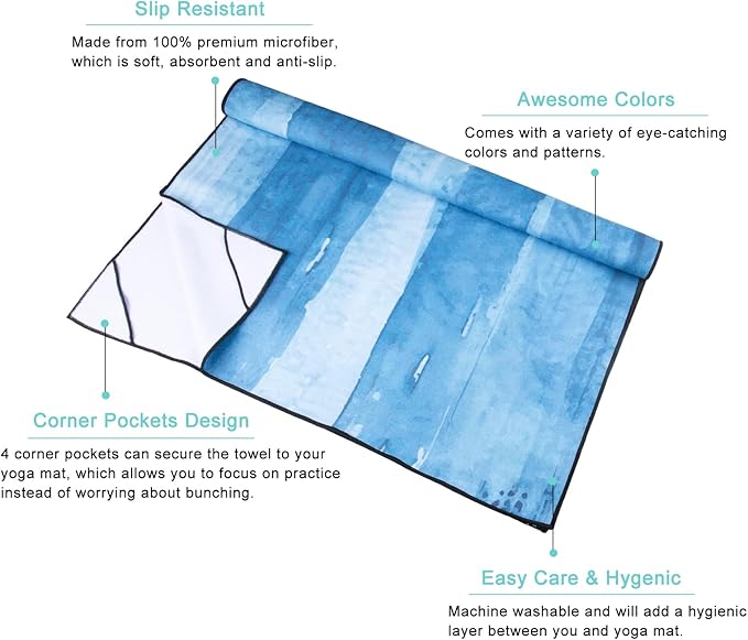 QiyI Yoga Mat Towel with Corner Pockets, Non Slip Sweat Absorbent Hot Yoga Towels, Soft Yoga Blankets with Travel Bag, Skidless Mat Cover for Workout, Gym, Fitness - 70"x26", Blue Tie Dye