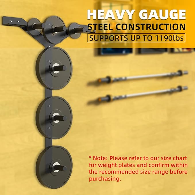 Wall Mounted Weight Plate Rack, 6 Pegs & 4 Barbell Storage Rack, 1190 LBS Capacity Weight Plate Holder, Wall Mounted Bumper Plate Storage for Home Garage Gym, Fit 2" Olympic, Rubber Protection Pads