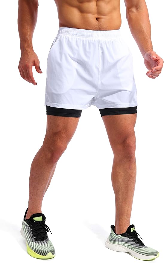 Pudolla Men’s 2 in 1 Running Shorts 5" Quick Dry Gym Athletic Workout Shorts for Men with Phone Pockets
