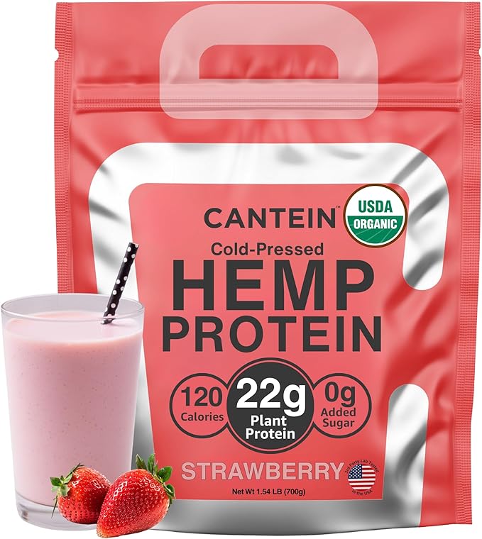 Organic Hemp Protein Powder, Plant Based and Vegan Protein Shake, Lactose and Dairy Free, Gluten Free, Clean and Natural- Strawberry (20 Servings)