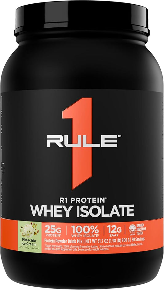Rule 1 R1 Protein Whey Isolate - with 25g Protein & 6g BCAA Exclusively from Isolated & Hydrolyzed Sources for Workout Recovery (2 Pounds*, Pistachio Ice Cream)