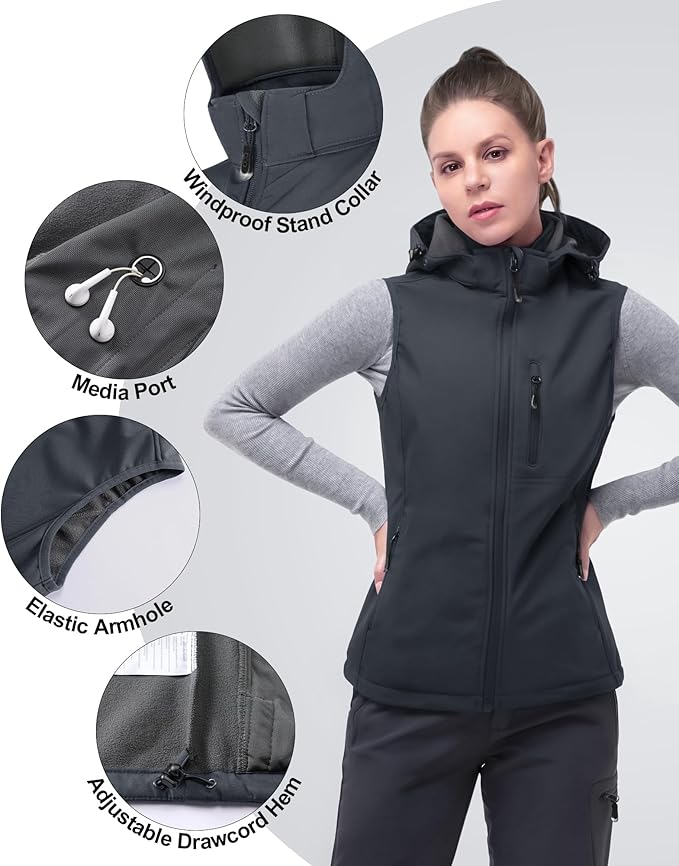 33,000ft Women's Hooded Lightweight Softshell Vest Fleece Lined Windproof Zip Up Sleeveless Jacket for Hiking Golf Running