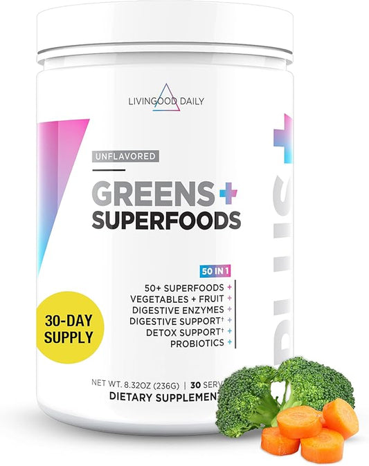 Livingood Daily Greens & Superfood Powder, Super Greens for Gut Health, Green Juice Powder with Spirulina, Chlorella, and Digestive Enzymes, Probiotics for Digestive Support, Unflavored, 30 Servings