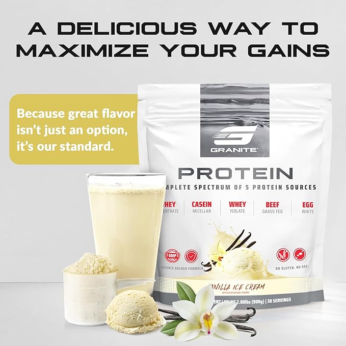 Granite Nutrition Protein Powder - Premium 5-Source Blend (Whey, Casein, Egg, Grass-Fed Beef) for Lean Muscle and Recovery - Vanilla Ice Cream, 30 Servings