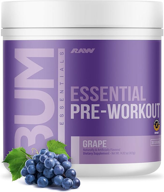 RAW Essential Pre-Workout Powder (Grape) - Chris Bumstead Sports Nutrition Supplement for Men & Women - Preworkout Energy Powder with Caffeine, L-Citrulline, L-Tyrosine, & Beta Alanine Blend