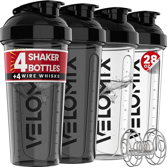 VELOMIX -4 PACK- 28 oz Protein Shaker Bottle for Protein Mixes - 4x Wire Whisk | Leak Proof Shaker Cups for Protein Shakes | Protein Shaker Bottle Pack | Protein Shake Cup (Clear Set)