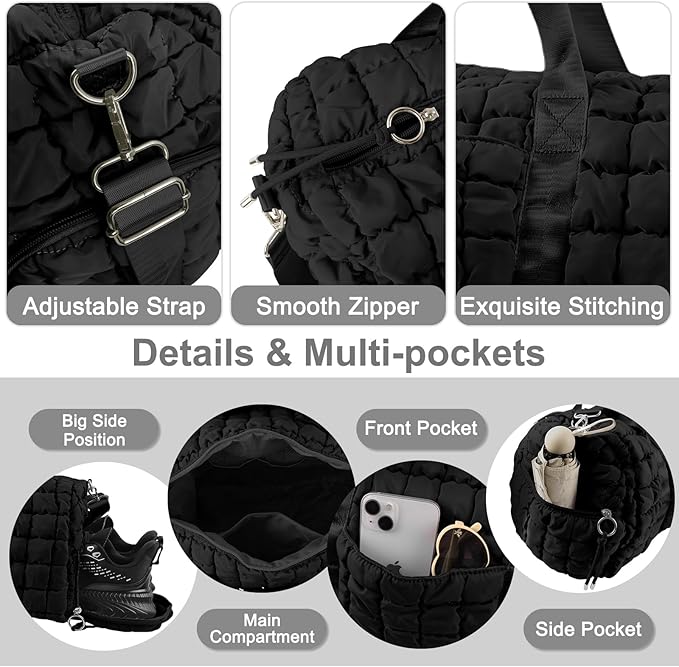 Quilted Travel Duffle Bag Gym Bag for Women,Large Puffer Duffle Weekender Bag with Compartment,Workout Overnight Carry on Organizer Bag Duffle Bag for Airplane Travel(L-Black)