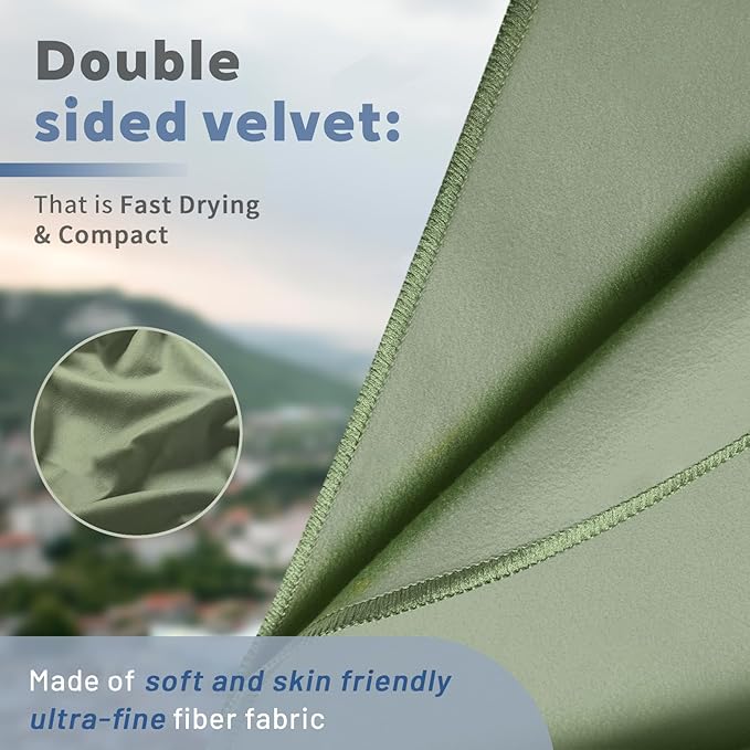 Quick Dry Camping Towel，Microfiber Travel Towel Super Absorbent Fast Drying Towel，Ultra Compact Soft Lightweight for Backpacking Camping Beach Hiking Gym Yoga Swimming,15.8"x31.5",Army Green