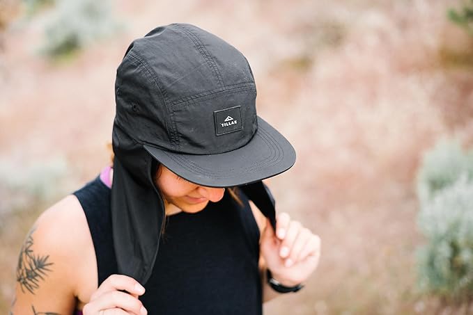 Tillak Chamisa Sun Hat, Lightweight Nylon 5 Panel Cap with Hide-able Neck Shade and Spring Cord