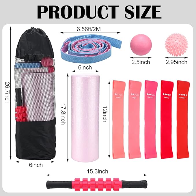 Soulchen 11 Pcs Pink 7 In1 Foam Roller Set Foam Back Roller Massage Stick Exercise Resistance Elastic Bands Plantar Fasciitis Ball Spiky Massager Ball with Bag for Physical Body Therapy Yoga Pilates