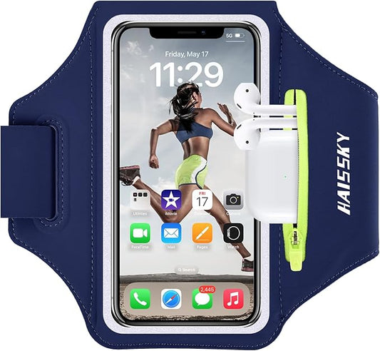 HAISSKY Cell Phone Running Armband with Earbuds Zipper Pocket Armband Case Running Holder for iPhone 15 Pro Max /14/13/ 12/11 Pro Max/XS/XR,Galaxy S20 S10,Sweatproof Arm Band with Card/Key Bag