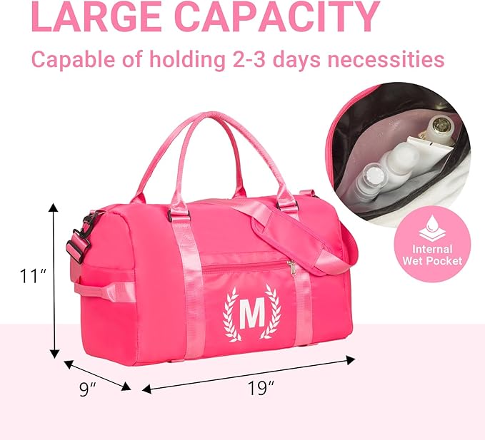 Gym Bag for Women, Personalized Duffle Bag with Shoe Compartment, Sports Bag for Yoga & Dance with Wet Pocket and Mat Strap(HotPink,Y)