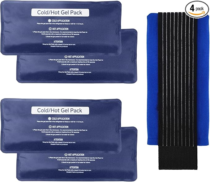 Reusable Gel Soft Ice Packs for Injuries, 4 Pack Flexible Hot and Cold Packs with Strap for Knees, Back, Face, Joint & Muscle Pain Relief (Small 4.33"x 9.45")
