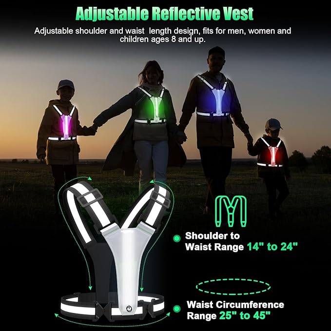 LED Reflective Vest Running Gear, 5 Colors Lights Up Running Vest for Night Walking Cycling Jogging, Adjustable Size for Men Women Kids, Rechargeable and High Visible
