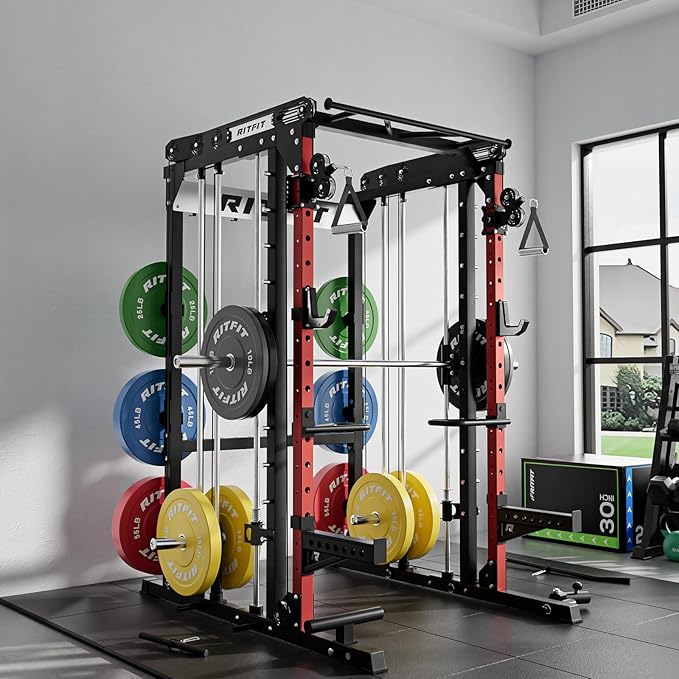 RitFit M2 Smith Machine with with Cable Crossover System, 3D Functional Trainer & Power Cage, 16 Adjustment Holes, 6 Storage Pegs for Full-Body Home Gym