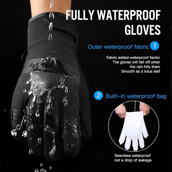 FOXLVDA 10℉ Men's Winter Gloves - Windproof Waterproof Thermal, Non-Slip Palm Grip Touchscreen Compatible with Warm Lining for Cold-Weather Cycling, Driving, Hiking, Running, Golf, Ski