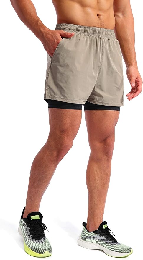 Pudolla Men’s 2 in 1 Running Shorts 5" Quick Dry Gym Athletic Workout Shorts for Men with Phone Pockets