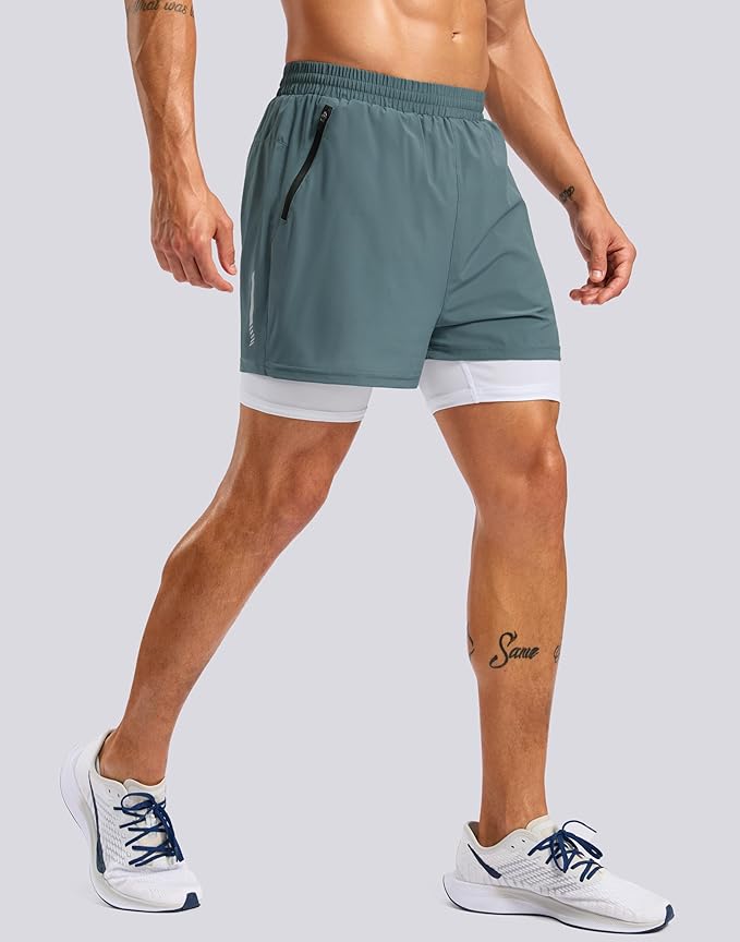Pudolla Men's 7" Running Shorts with Zipper Pockets Quick Dry 2 in 1 Workout Gym Shorts with Liner for Tennis Yoga Training