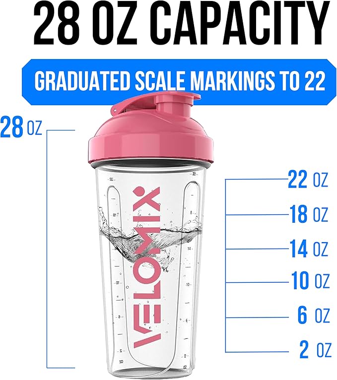 VELOMIX -2 Pack- 28 oz Protein Shaker Bottles for Protein Mixes - 2x Wire Whisk | Leak Proof Shaker Cups for Protein Shakes | Protein Shaker Bottle Pack (Pink/Transparent)