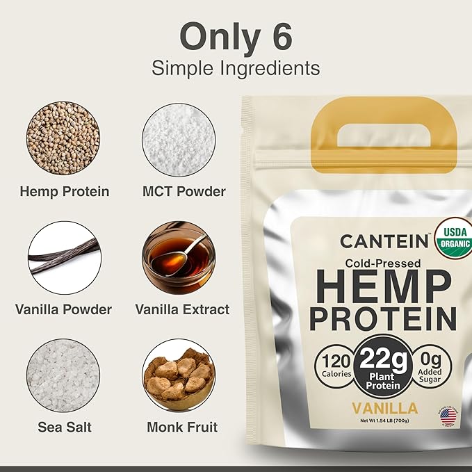 Organic Hemp Protein Powder, Plant Based and Vegan Protein Shake, Lactose and Dairy Free, Gluten Free, Clean and Natural- Vanilla (20 Servings)