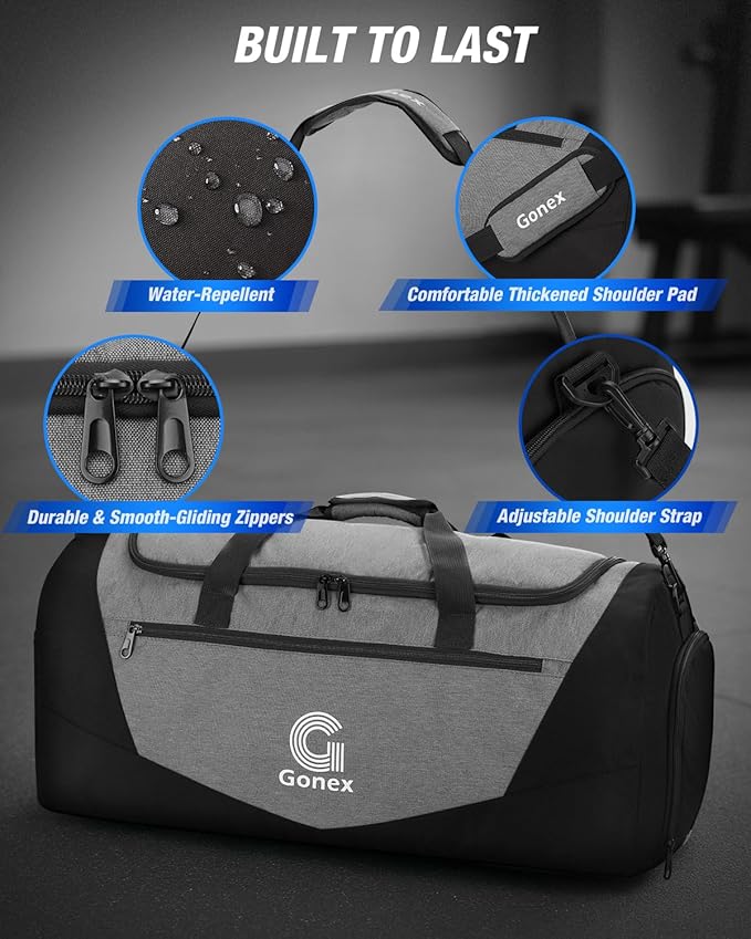 Gonex Gym Duffel Bag with Shoe Compartment Wet Pocket, Large Capacity Sports Duffle Bag for Men Women, Workout & Travel Bag with Multiple Pockets, Black/Gray, Medium (60L)