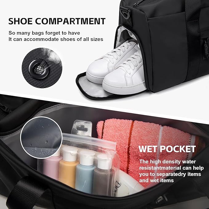 Small Gym Bag Duffel Bag for Men Women with Shoe Compartment Ideal for Sports,Travel,and Overnight Trips, Athletic Gear Workout Weekender Bags, Black